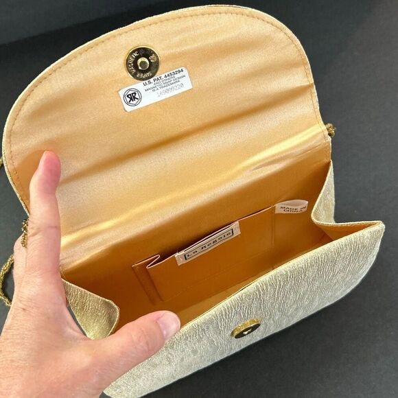 Vtg Gold Metallic Clutch Purse Handbag w/Beaded Shoulder Strap Option - Picture 7 of 12